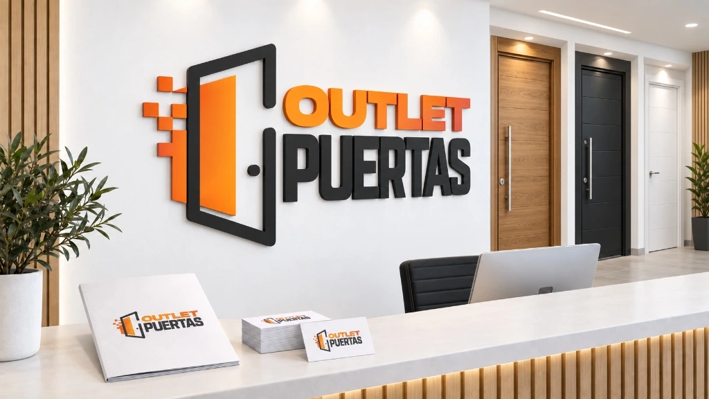 Mockup Principal: Muro de recepción corporativa con logotipo en relieve 3D, panelado de madera y papelería corporativa en mostrador.