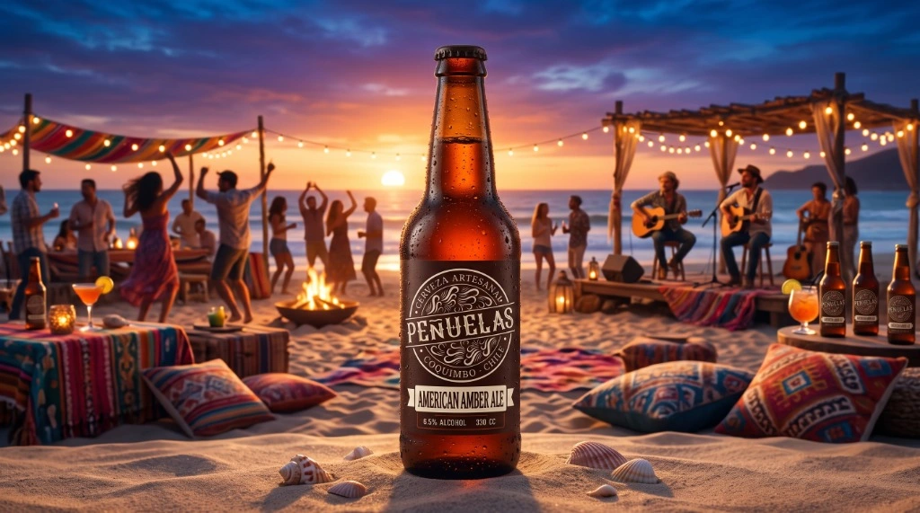 Mockup American Amber Ale: Botella con etiqueta oficial (6.5% Alc, 330 cc) en celebración playera al anochecer.