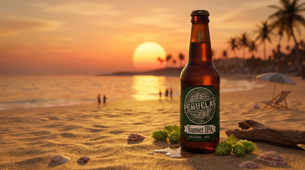 Mockup Sunset IPA: Botella con etiqueta oficial (5.8% Alc, 330 cc) en la playa de Coquimbo al atardecer.