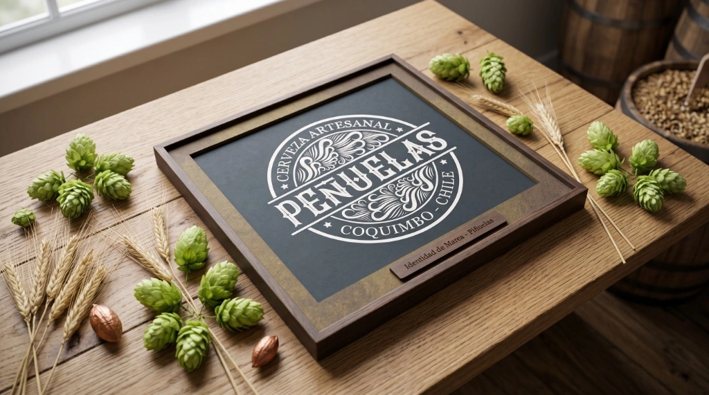 Mockup Principal: Cuadro enmarcado con logotipo oficial Peñuelas sobre mesa rústica con lúpulos y espigas.