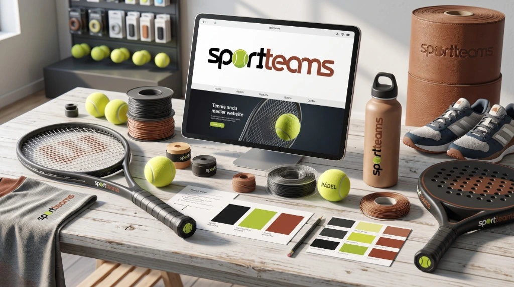 Mockup Principal: Mesa de diseño SportTeams con raquetas, pala de pádel, indumentaria y paleta de colores.